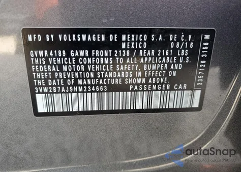 2017 Volkswagen Jetta S из США, поврежденный, VIN 3VW2B7AJ9HM234663